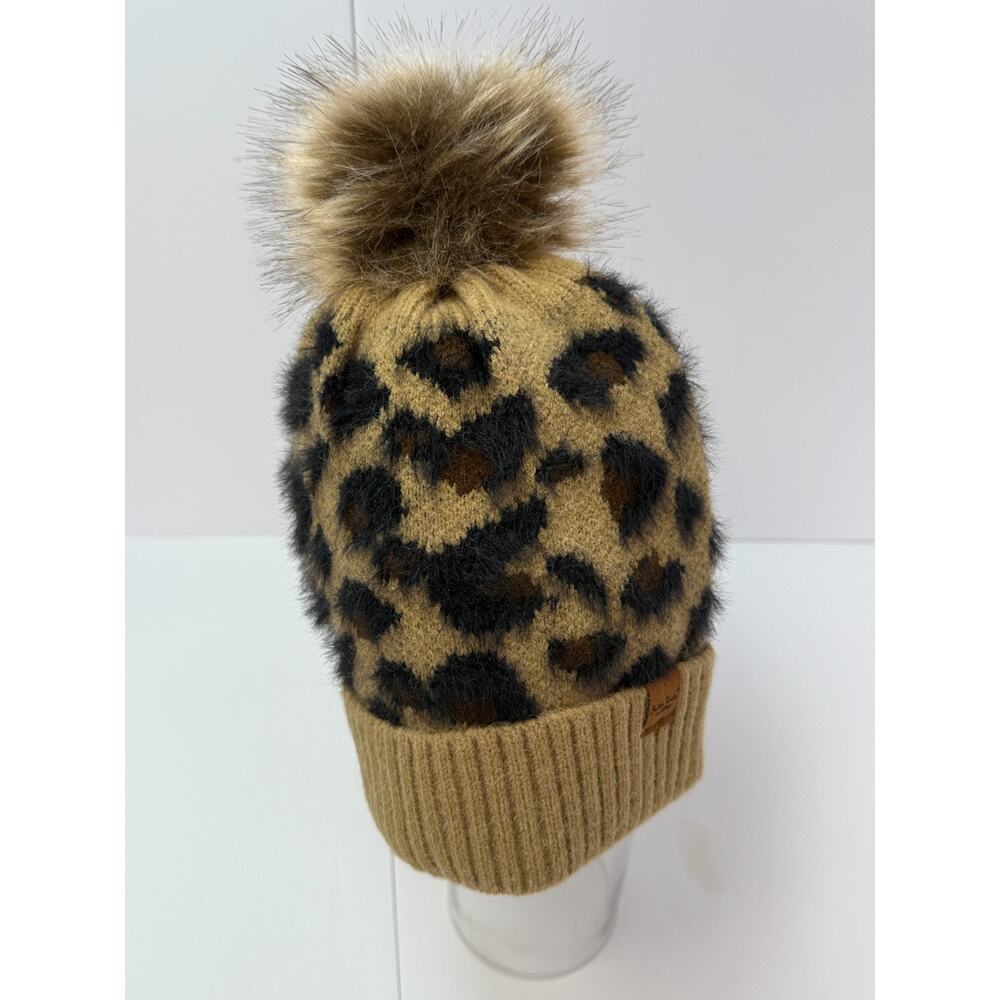 Britts Knits Leopard Print Beanit Hat Tan Black Faux Fur Pom Women's Winter Warm